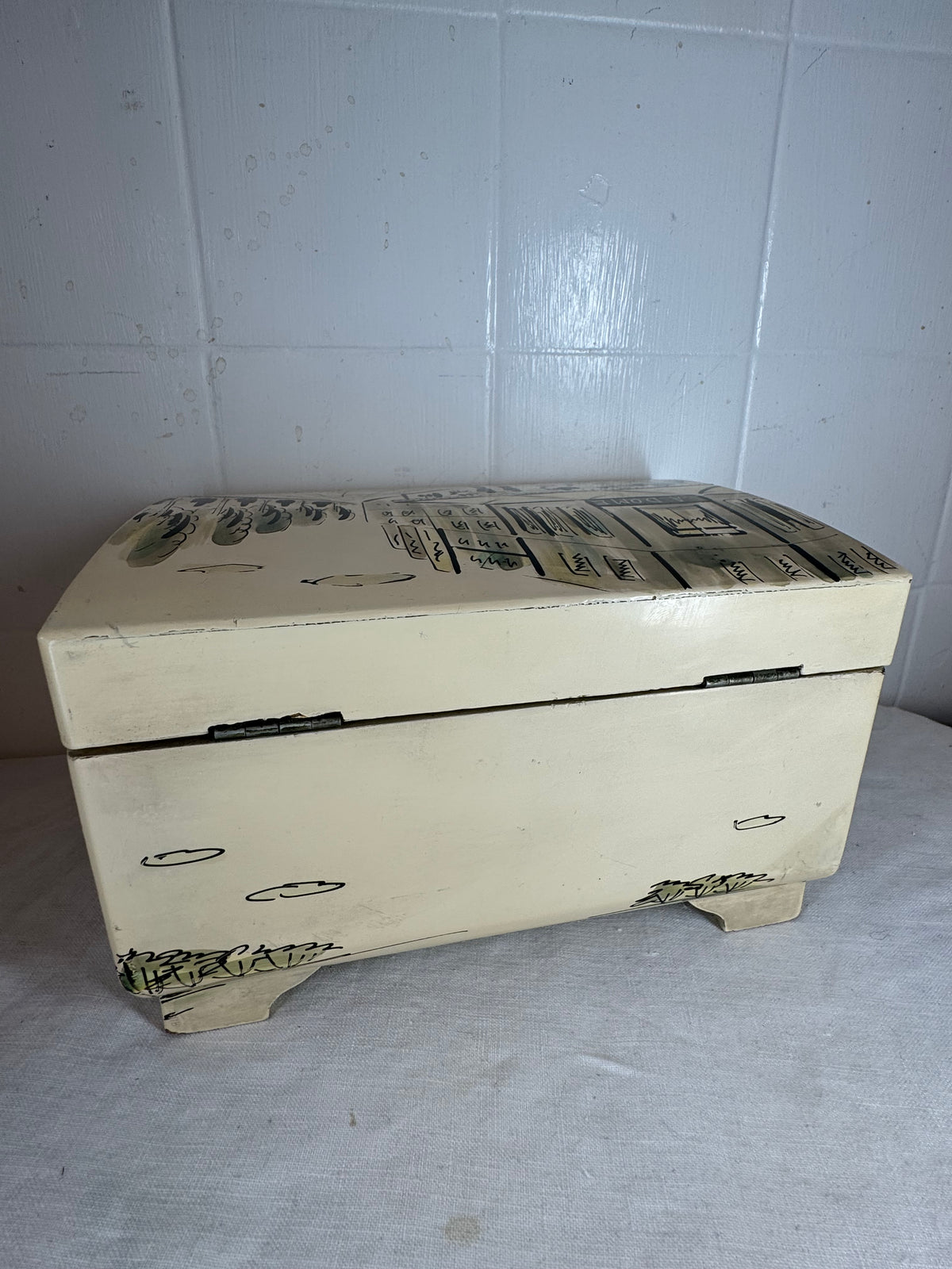 Vintage Japanese Musical jewellery box hand painted French Street scene on the front La Dome Cafe Montparnasse Paris