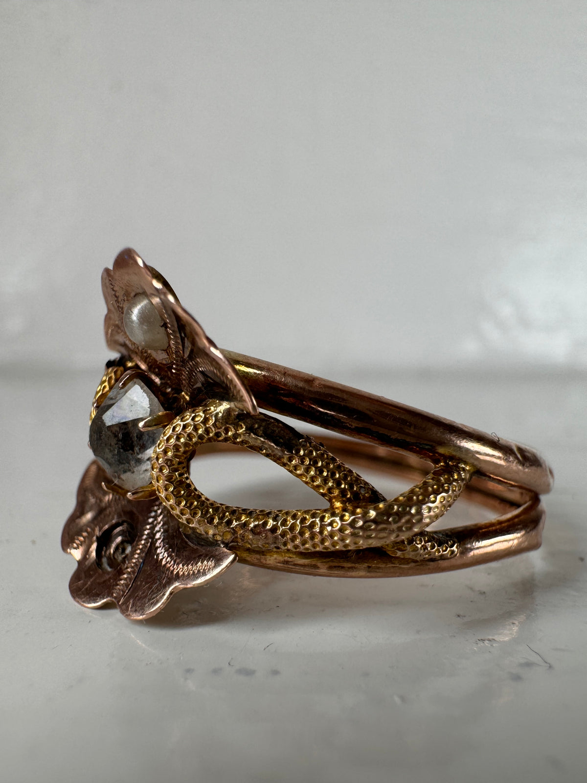 Vintage Italian Rose / Yellow Metal Pearl White Stone Ring