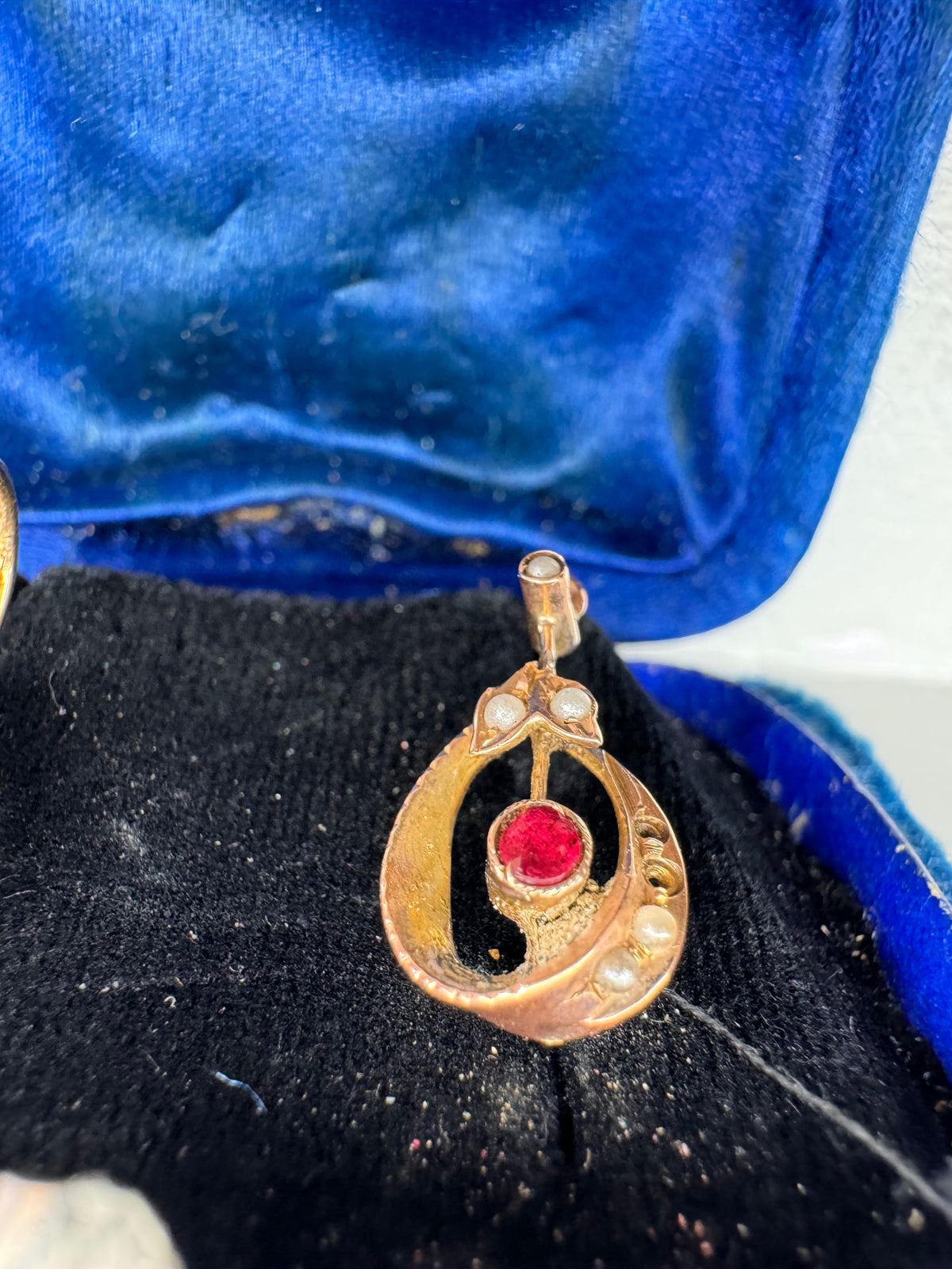 1920/30s Women’s Earrings 12K Rose Gold Pearls and Ruby - shows damage