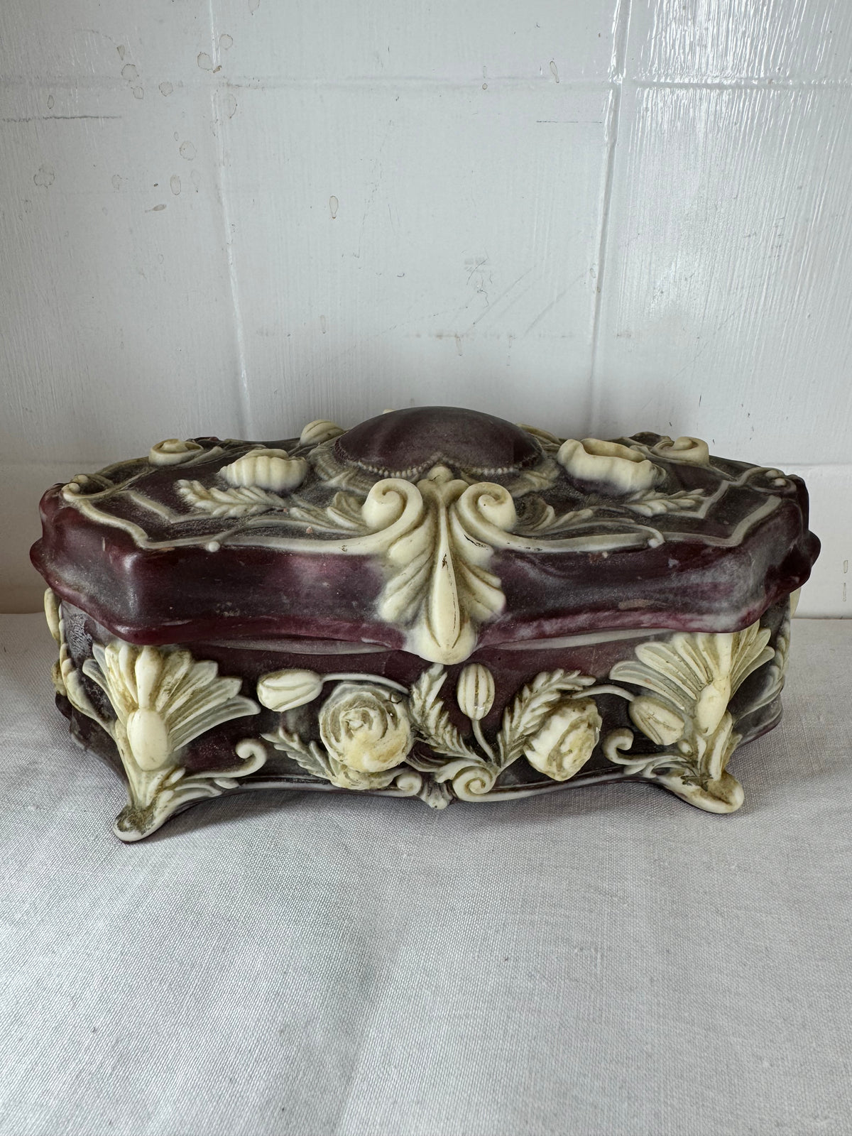 Vintage Incolay Stone Hand Carved Roses 7.5”x3.5” Hinged Jewellery Trinket Box