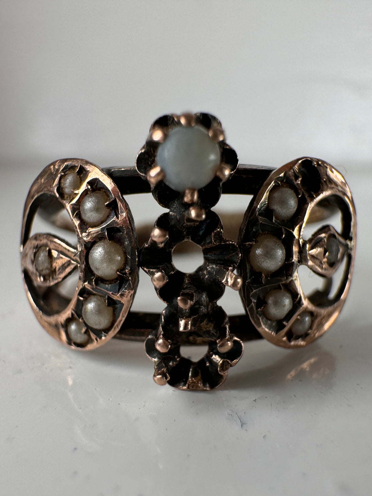 Vintage Italian Rose Metal Pearl Ornate Ring