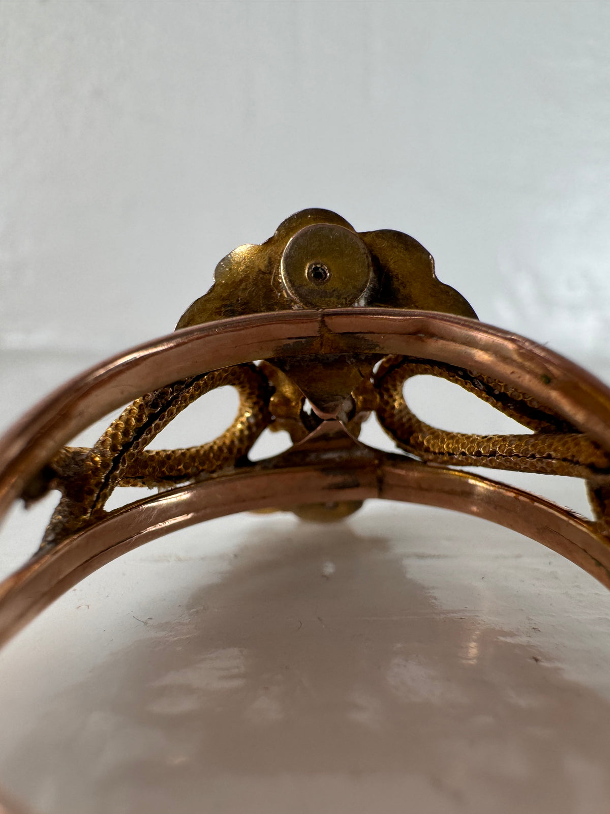 Vintage Italian Rose / Yellow Metal Pearl White Stone Ring