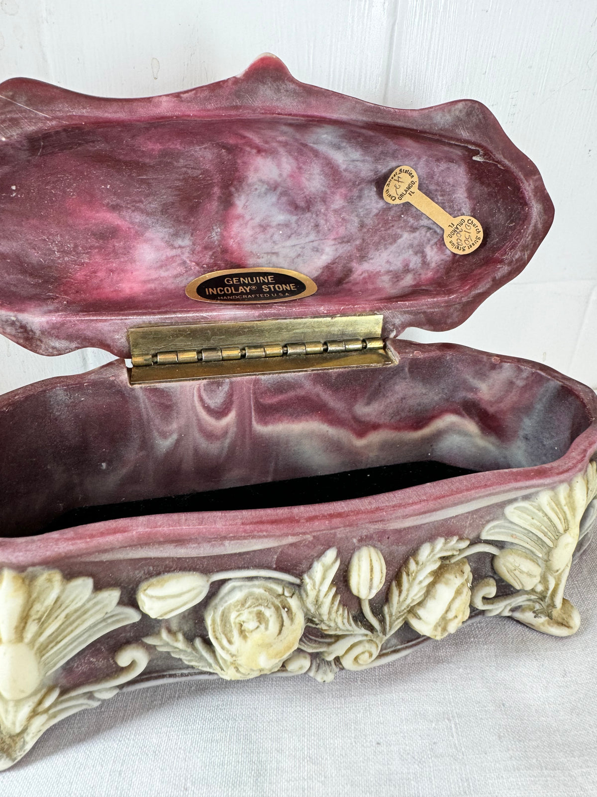 Vintage Incolay Stone Hand Carved Roses 7.5”x3.5” Hinged Jewellery Trinket Box