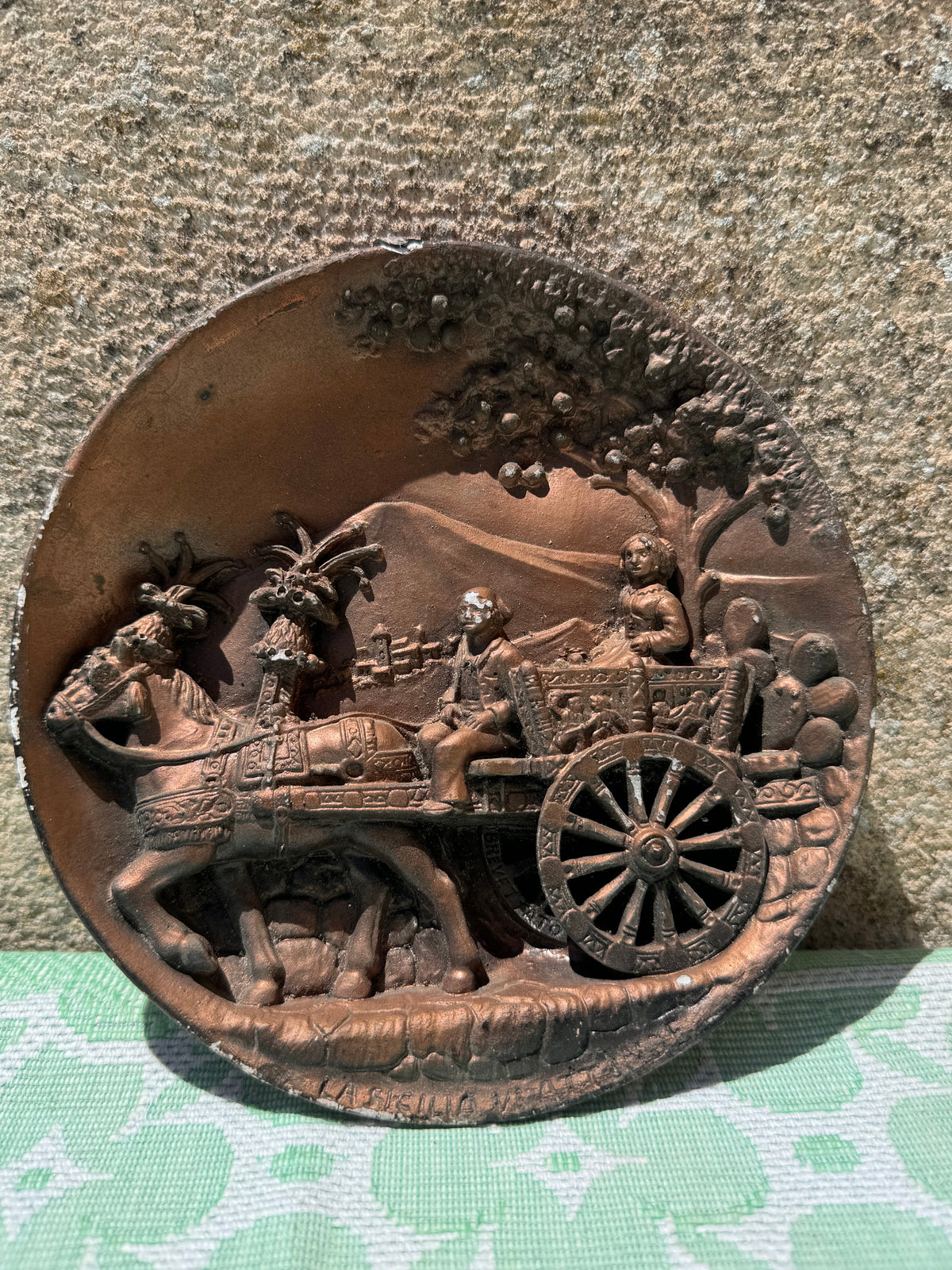 Hand made Man and horse on cart clay decorations signed