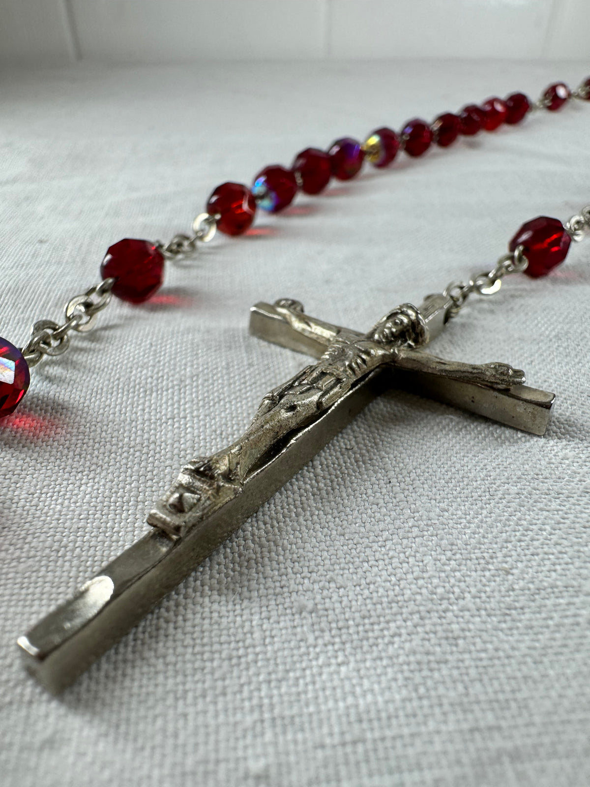 Vintage Italian beaded Catholic Crucifix St Mary Necklace (SICILY HOUSE)