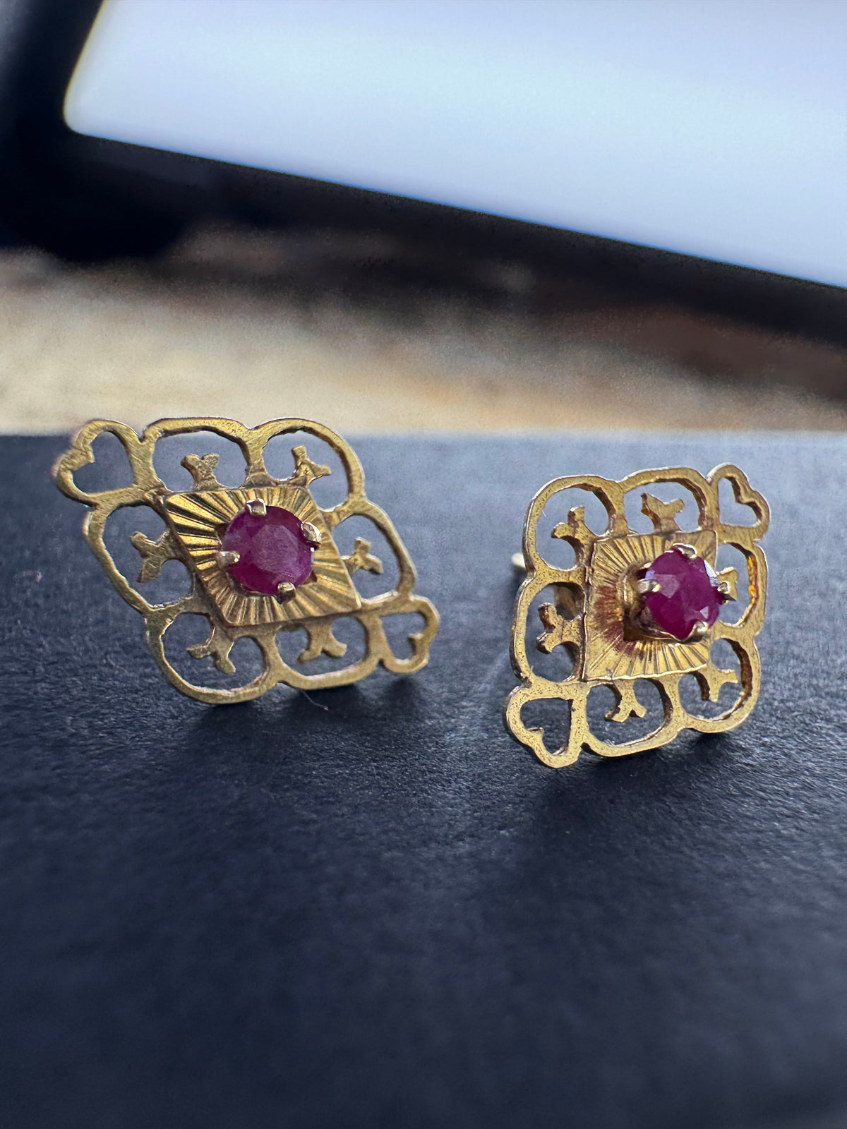 9ct vintage Yellow Gold Ruby Heart Earrings
