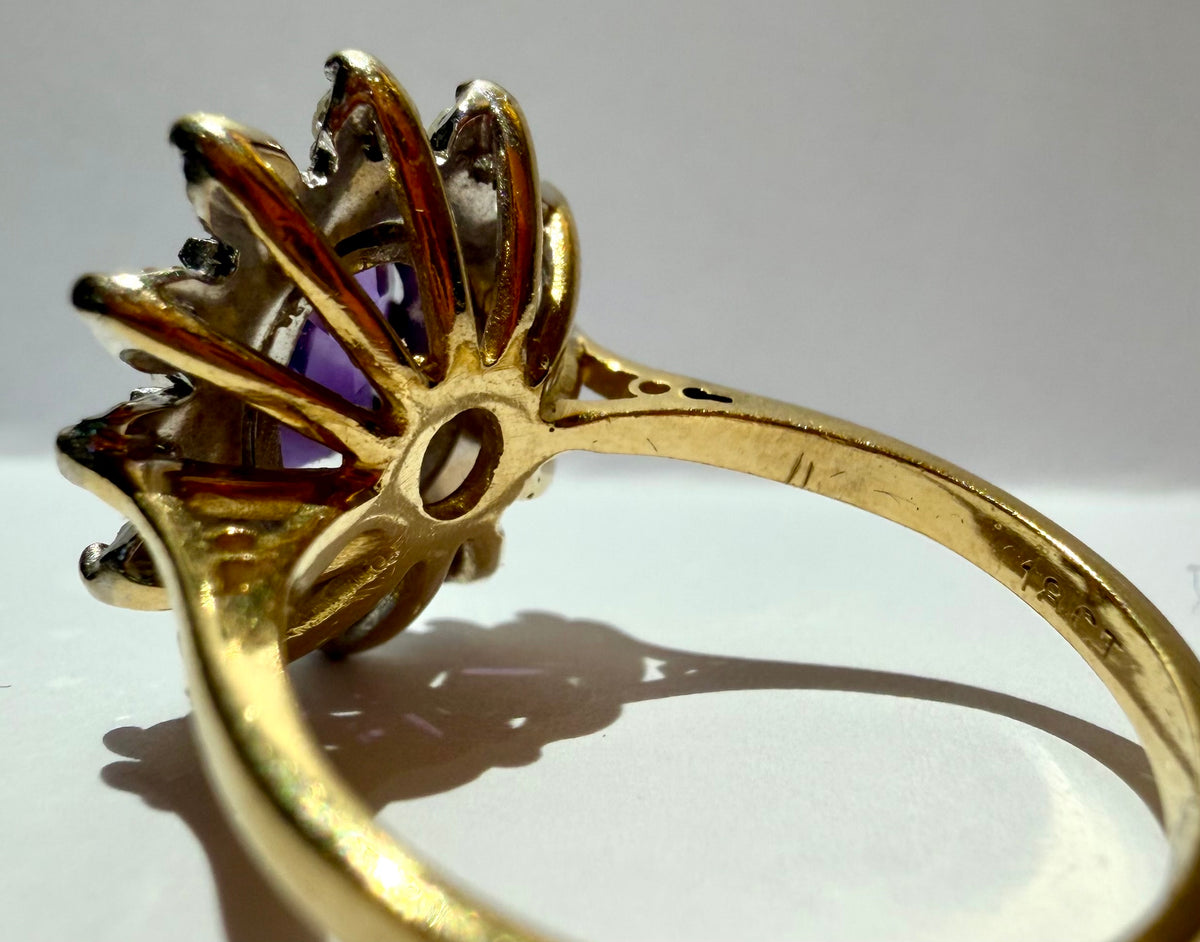Lot 85: 18ct Yellow Gold Platinum Amethyst Diamond Halo Ring