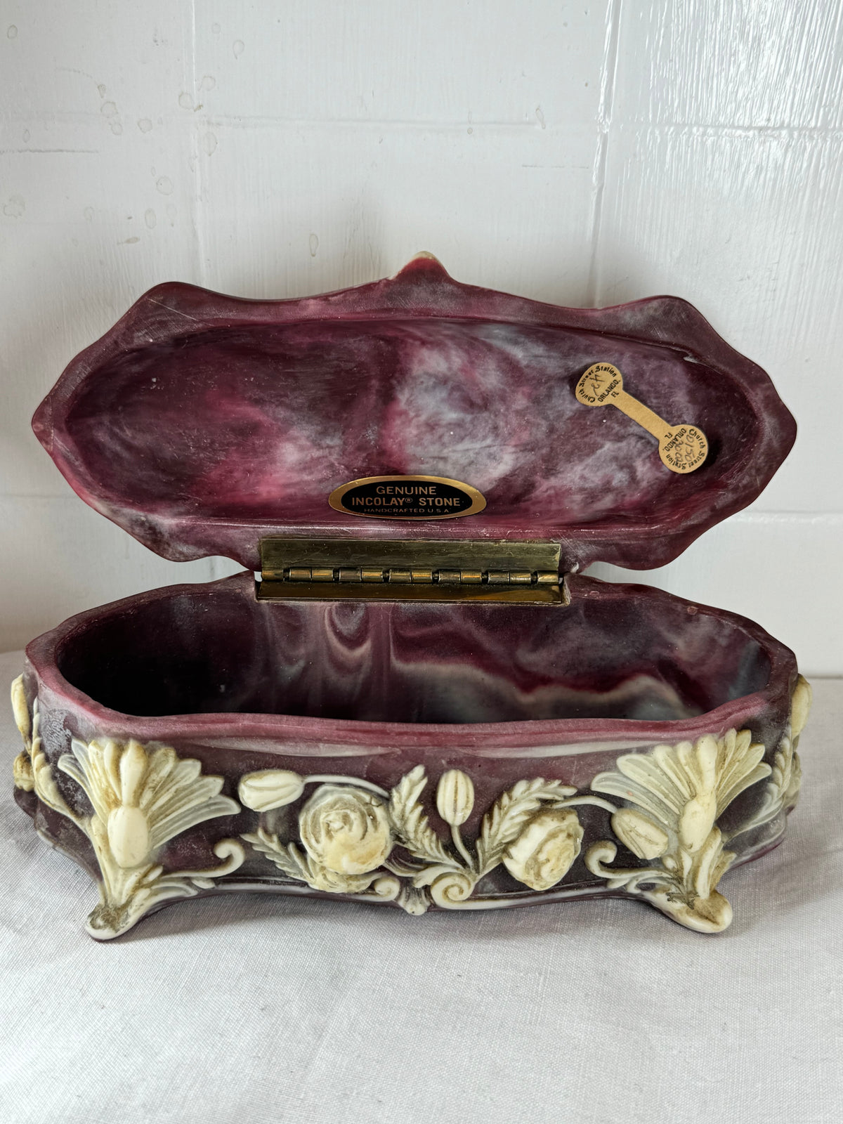 Vintage Incolay Stone Hand Carved Roses 7.5”x3.5” Hinged Jewellery Trinket Box